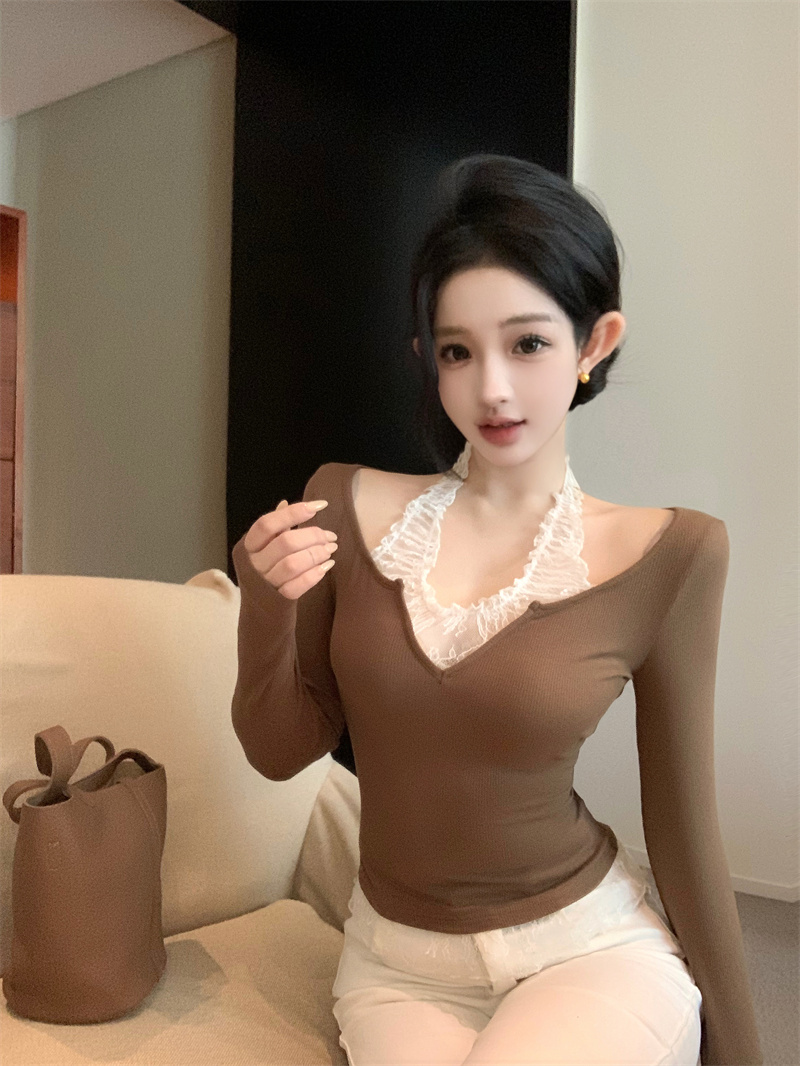 法式純欲辣妹風性感蕾絲掛脖假兩件小衫秋新款修身長袖上衣
