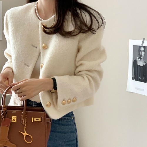 Celebrity lady Korean Chic woolen coat, fashionable single-breasted short cardigan woolen coat