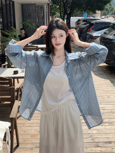 Real shot Autumn blue plaid sun protection long-sleeved shirt women's new thin shirt French top jacket