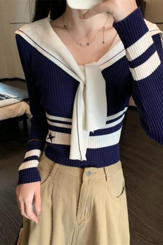 Actual shot of early autumn new style small fragrance navy collar long-sleeved sweater for women with high-end contrast color top