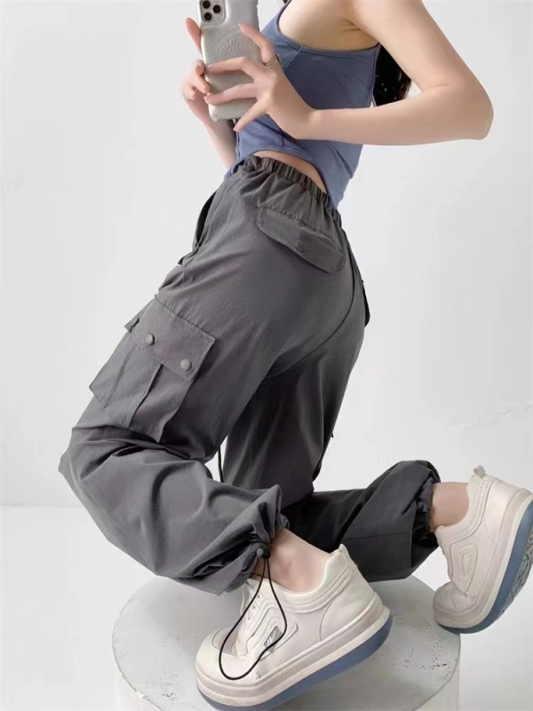 Small American overalls for women, loose leg-tie, high-waisted, slimming, wide-leg casual, quick-drying sports pants