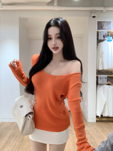 Live-action ~ Sexy Pure Desire Long Sleeve Knit Top Slimming Bust-Level High-Waist Skirt Set