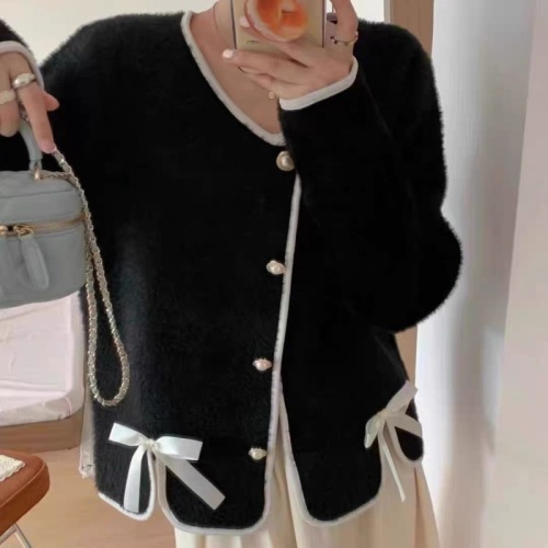 Xiaoxiangfeng jacket short women's mink velvet cardigan versatile sweet bow sweater long-sleeved autumn and winter knitted top