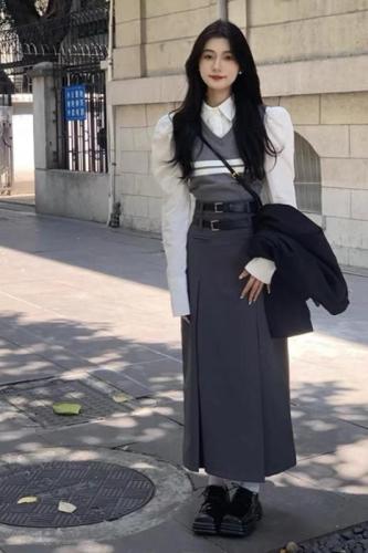 Workwear gray suit pleated skirt for women spring and autumn high waist hip A-line long skirt skirt for small people