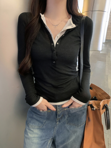 Spliced ​​two-piece top for women ins henley collar with slim long-sleeved T-shirt