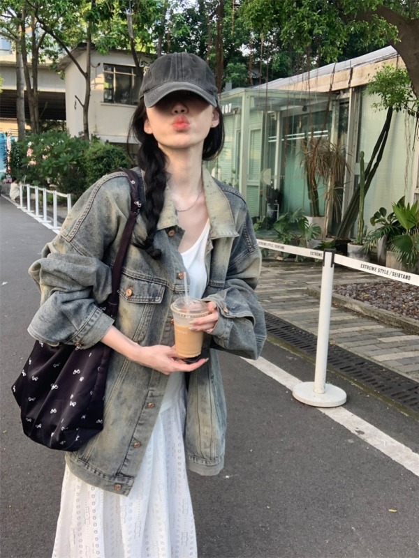 American retro denim jacket for women autumn new loose casual jacket top design niche