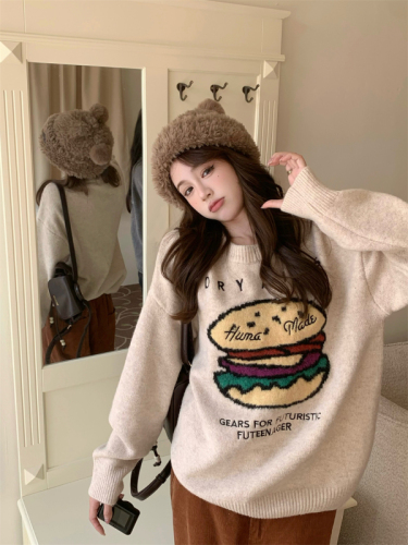 Korean style round neck pullover fun burger print lazy style loose slimming long sleeve knitted sweater