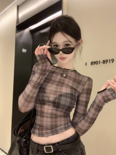 Real shot of retro plaid control old plaid printed mesh long-sleeved T-shirt women's slim bottoming top