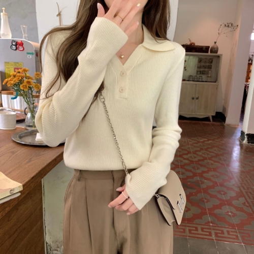 Real shot of autumn Korean style polo collar button-down solid color knitted bottoming long-sleeved inner sweater for women