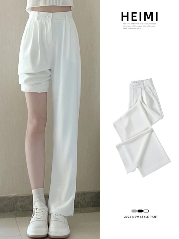 White wide-leg pants for women, spring and autumn loose high-waisted straight floor-length pants, high-end drape suit pants, trendy