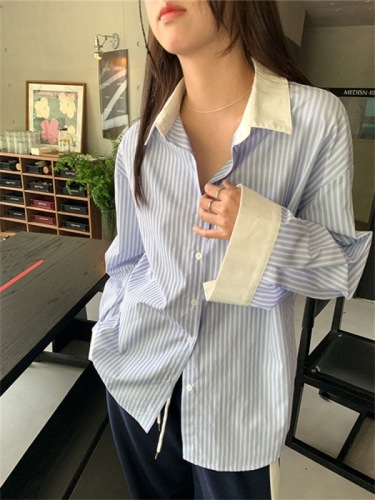 Korean blue contrast striped shirt for women 2024 new style French stitching long-sleeved top sun protection shirt