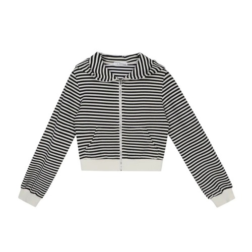 Little devil striped coat for women spring and autumn new Korean style short hooded zipper sweatshirt cardigan