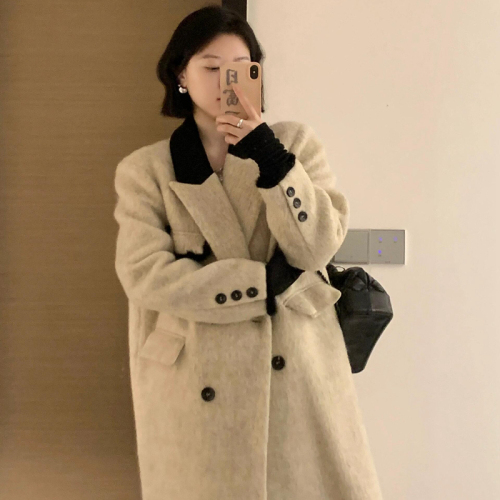 Korean woolen coat for women 2024 autumn and winter new style woolen coat, high-end, small, lazy, mid-length