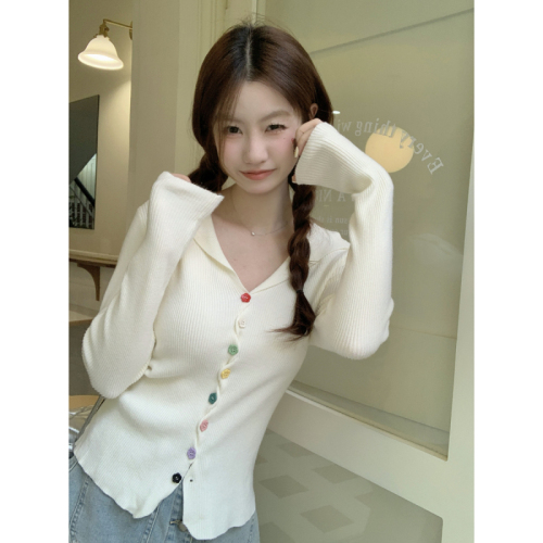 Real shot of autumn and winter Korean style half-open collar rainbow button sweet age-reducing Andy velvet knitted cardigan jacket top