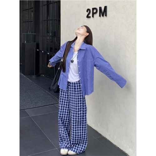 Real shot American retro blue plaid shirt autumn lazy style women's loose shirt jacket long-sleeved top