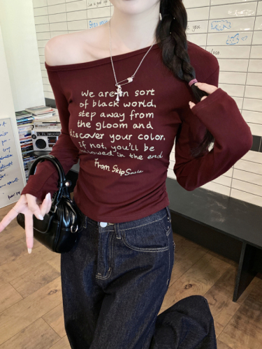 Off-shoulder long-sleeved T-shirt bottoming shirt for women 2024 autumn new style foreign style high-end sense Angor red inner slim fit top