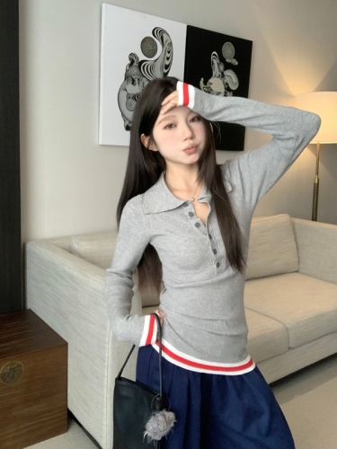 Real shot Chic POLO collar long-sleeved sweater for women autumn 2024 new slim design niche top