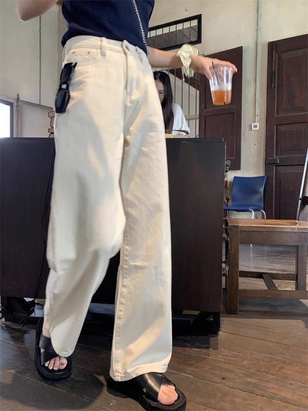 Simple Korean white high-waisted jeans for fall, wide-leg pants for slimming, straight-leg floor-length pants for small people