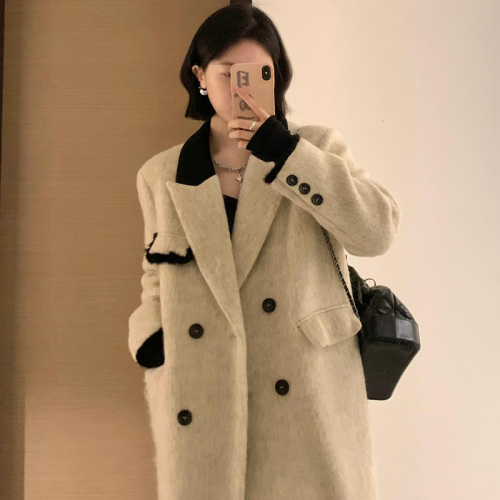 Korean woolen coat for women 2024 autumn and winter new style woolen coat, high-end, small, lazy, mid-length