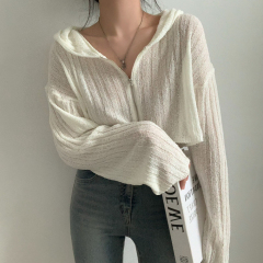 2024 Early Autumn South Korea Chic Versatile Hooded Short-Sleeve Long-Sleeve Knitted Sweater Thin Jacket Top for Women