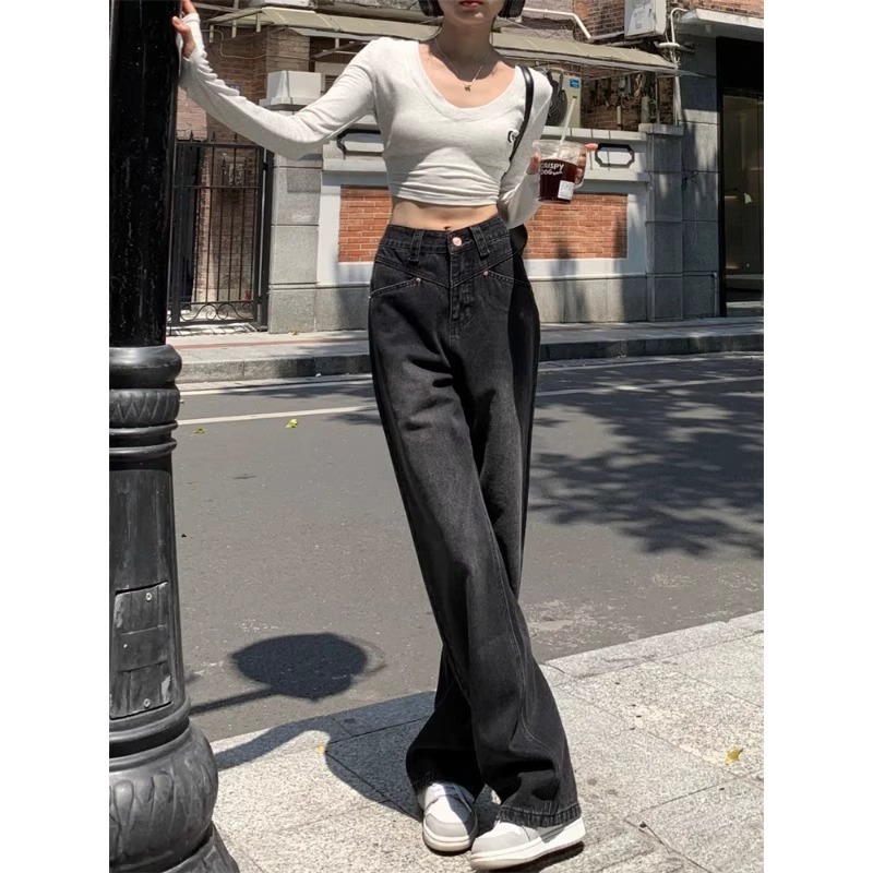 Large size high-waisted straight jeans for women with fat mm pear-shaped figures in autumn, loose wide-leg floor-length trousers