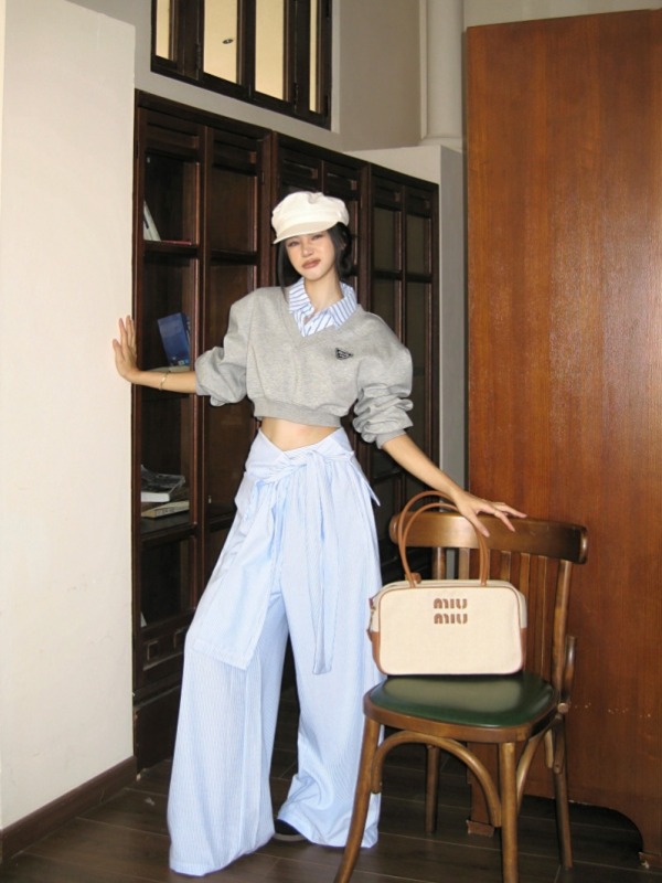 College style shirt, fake two-piece Polo collar sweatshirt + strappy girdle design floor-length trousers