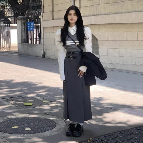 Workwear gray suit pleated skirt for women spring and autumn high waist hip A-line long skirt skirt for small people