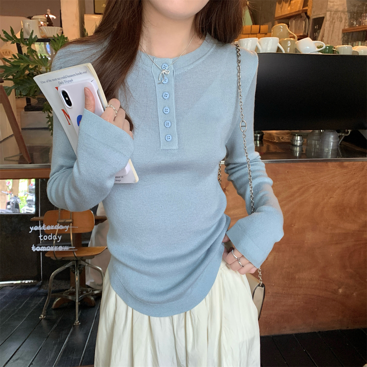 Actual shot of autumn and winter Korean style round neck button design versatile slimming wool knitted bottoming sweater for women