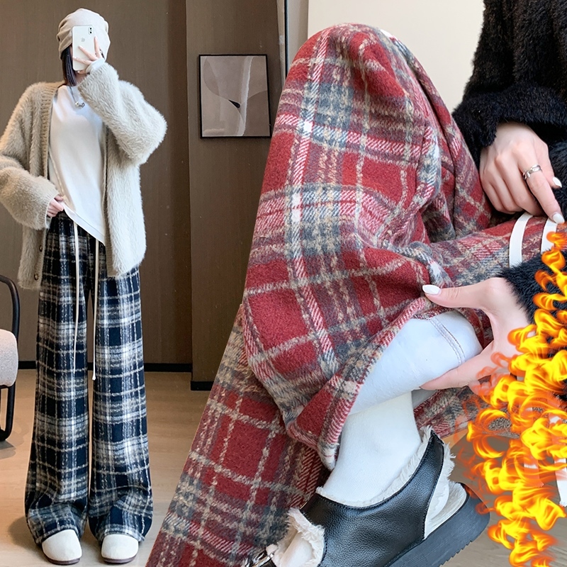 Winter new style classic plaid woolen pants plus velvet thickened woolen pants wide leg pants for women