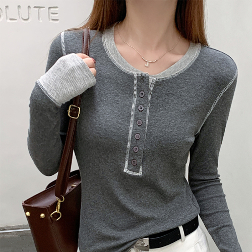 Long-sleeved bottoming shirt for women spring and autumn 2024 new slim fit inner t-shirt right shoulder half open collar top