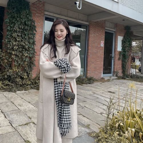 Hooded fashionable woolen coat for women mid-length 2024 new Korean style commuting loose lace slimming woolen coat