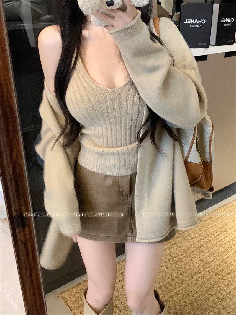 Real shot of lazy style loose soft waxy long-sleeved knitted cardigan sweater layered camisole women's two-piece set