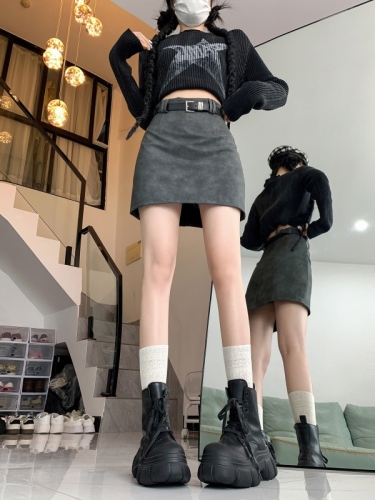 Anti-exposure, slim A-line pu leather skirt, women's new high waist bag hip skirt short skirt for women