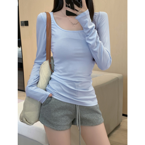 40 count pure cotton 92 cotton/8 spandex pure lust style U-neck T-shirt women's long-sleeved square neck bottoming shirt