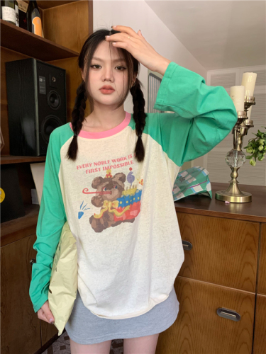 Contrast color cartoon print raglan long-sleeved sun protection top T-shirt