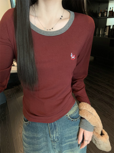 Real shot of contrasting color autumn long-sleeved right shoulder splicing T-shirt with thickened brushed top for women