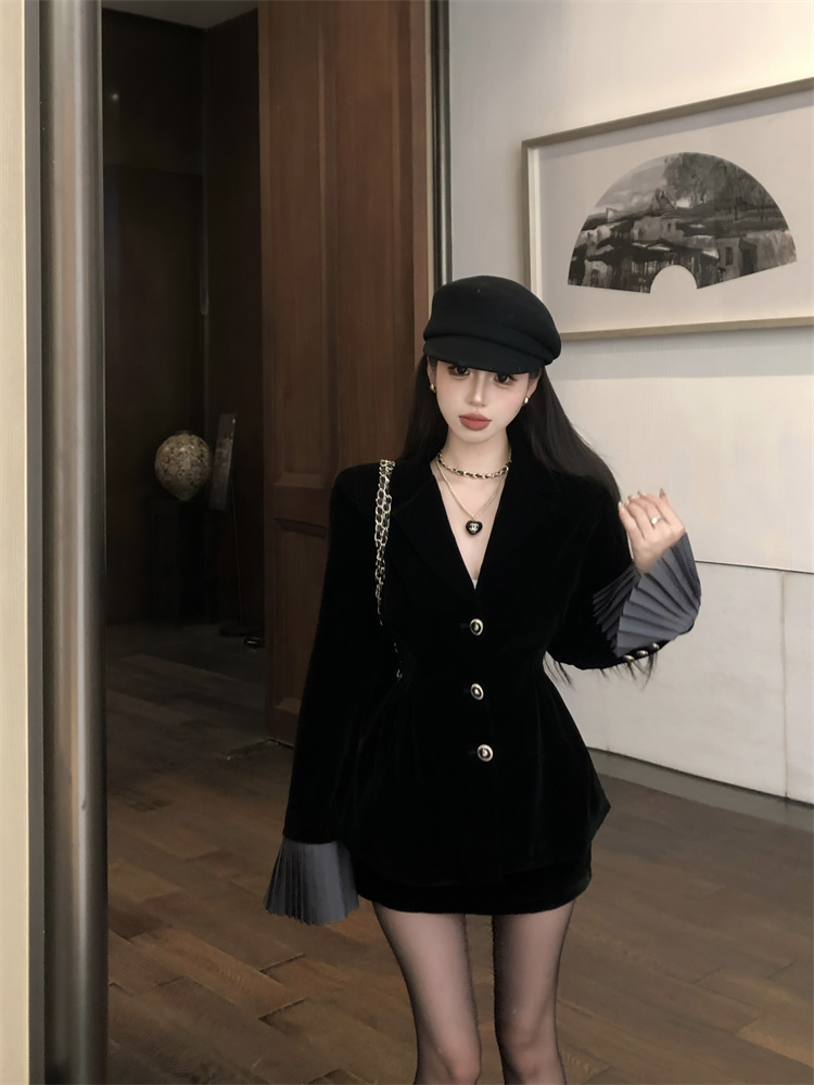 Actual shot of pure lust black velvet suit for women with waist slimming coat top sexy tight A-line skirt