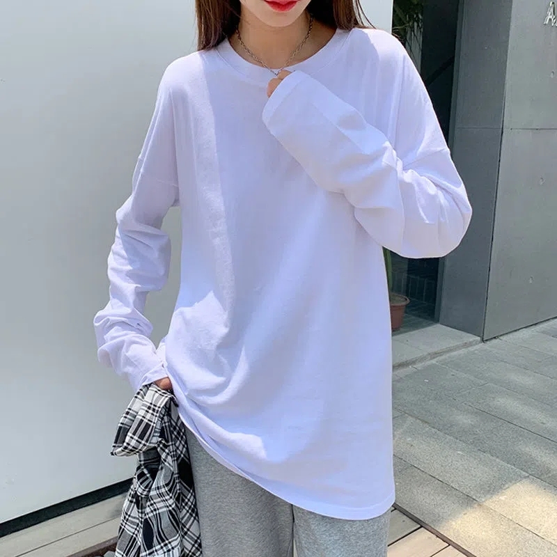Pure cotton basic white top new autumn outer wear loose and versatile solid color long-sleeved T-shirt women's trend