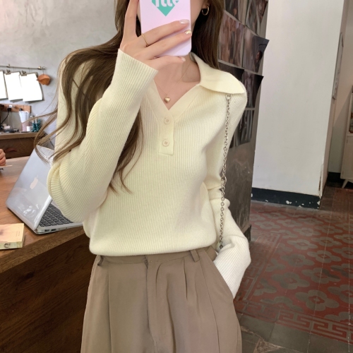 Real shot of autumn Korean style polo collar button-down solid color knitted bottoming long-sleeved inner sweater for women