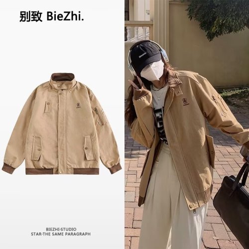 Japanese retro embroidered workwear jackets for boys and girls, loose autumn and winter lapel jackets, spring outerwear with multiple pockets