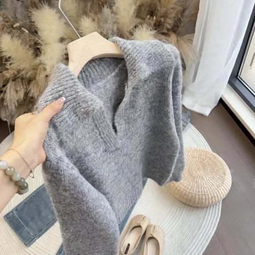 Lazy style lapel casual design slimming sweater early autumn new Korean style soft waxy sweater