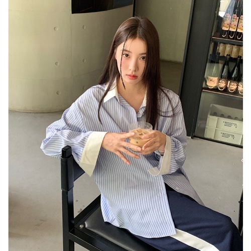 Korean blue contrast striped shirt for women 2024 new style French stitching long-sleeved top sun protection shirt