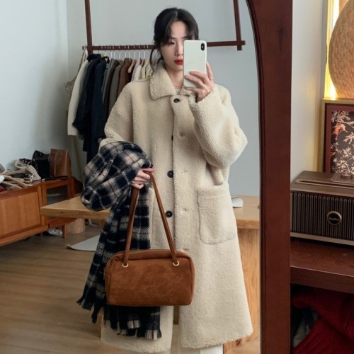 Korean style lazy style high-end sherpa coat for women mid-length 2024 autumn and winter new style