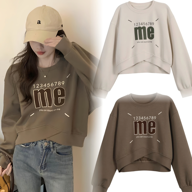 American printed round neck pullover sweatshirt for women, autumn short cross-over bottoming shirt, versatile pure cotton long-sleeved top