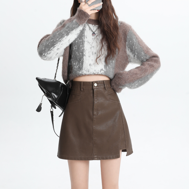 Leather skirt skirt for women autumn and winter new style black pu small leather skirt high waist a-line skirt hip-covering short skirt