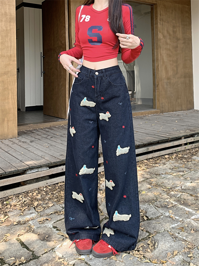 Photographed 2024 American Retro Dog Embroidered Patches Wide Leg Denim Pants for Women Autumn Floor-Length Pants