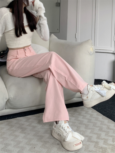 Girly Pink Straight Leg Wide Leg Pants High Waist Small Fresh Slim Jeans