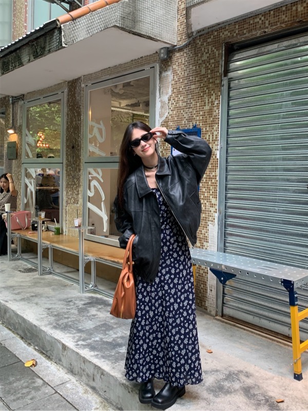 Stacking atmospheric bias-cut floral skirt for women + heavy-duty retro jacket, leather jacket, fashion suit