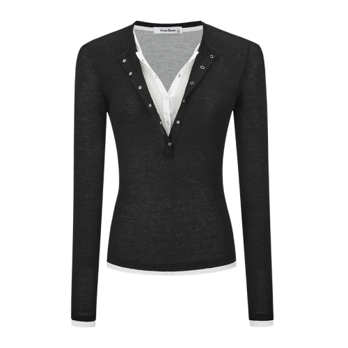 Spliced ​​two-piece top for women ins henley collar with slim long-sleeved T-shirt