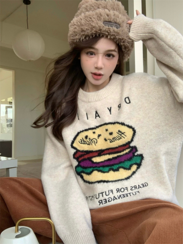 Korean style round neck pullover fun burger print lazy style loose slimming long sleeve knitted sweater